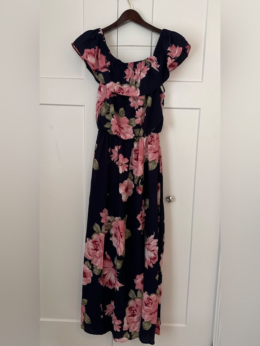 Premier‎ Amour Navy Off the Shoulder Maxi Dress with Pink Floral Print 10